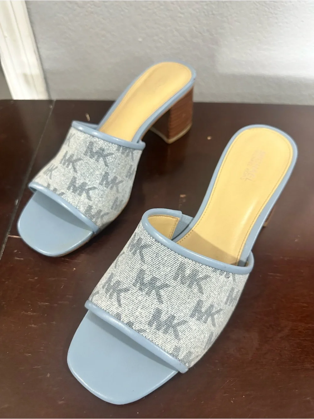 Michael Kors Light Blue MK Logo Block Heel Mules